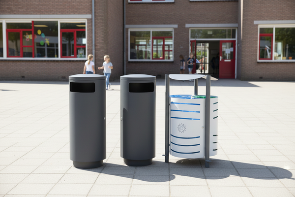 Buitenafvalbakken voor het schoolplein die pauzes overleven